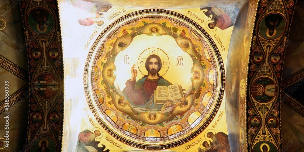 Mosaic of Christ Pantocrator under the central dome. Temple of the Assumption. Saint Petersburg.