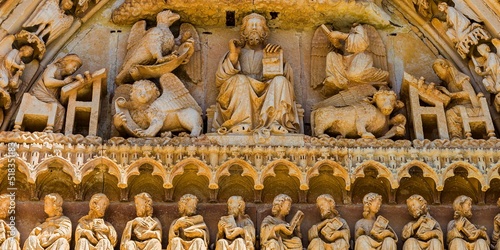 Detail. Sarmental gate. The Church of Santa María la Real of Sasamón, also called Collegiate Church of Santa María la Real. Sasamón, Burgos, Castilla y León, Spain, Europe