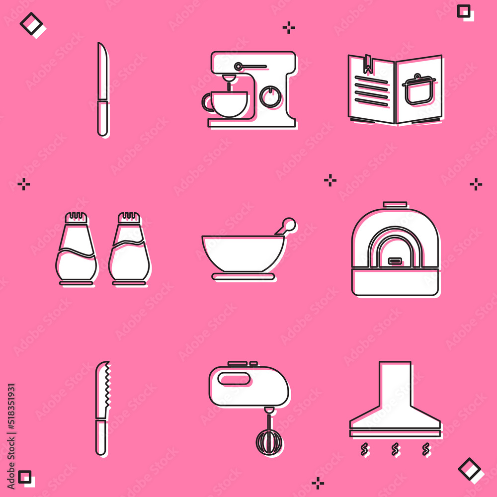 Set Knife, Electric mixer, Cookbook, Salt and pepper, Mortar pestle, Oven, Bread knife and icon. Vector Set Knife, Electric mixer, Cookbook, Salt and pepper, Mortar pestle, Oven, Bread knife and icon. Vector