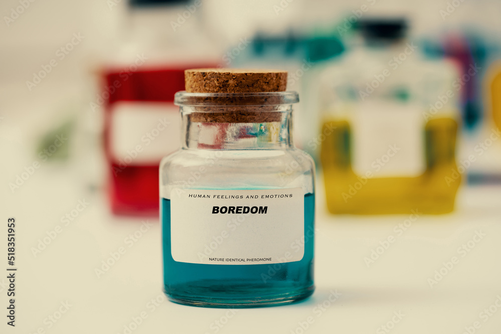 Boredom. Pheromones, hormones and neurostimulants chemicals that regulate human emotions and mood. Aromatic extract in vintage pharmacy bottle Boredom. Pheromones, hormones and neurostimulants chemicals that regulate human emotions and mood. Aromatic extract in vintage pharmacy bottle