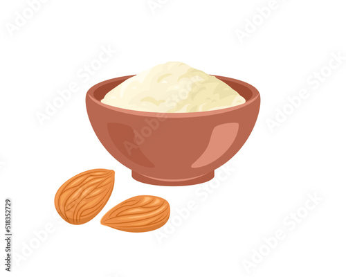 Almond flour in bowl and nuts. Vector cartoon flat illustration of healthy food.