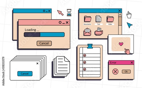 A set of user interface elements, UI and UX themes. In the vaporwave style of the 80-90s, retro collage. Vector illustration of windows and icons .