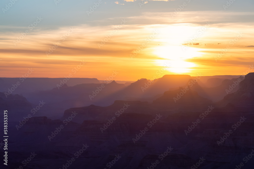 Desert Rocky Mountain American Landscape. Cloudy Sunny Sunset Sky. Grand Canyon National Park, Arizona, United States. Nature Background