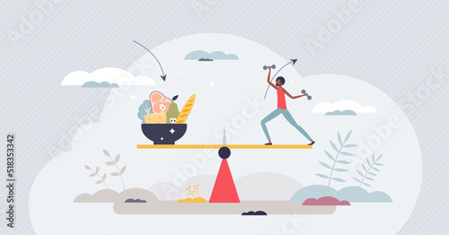 Basal metabolic rate or BMR with calories consumption for everyday performances tiny person concept. Score measurement with eating monitoring and sport activities on weight scales vector illustration. photo
