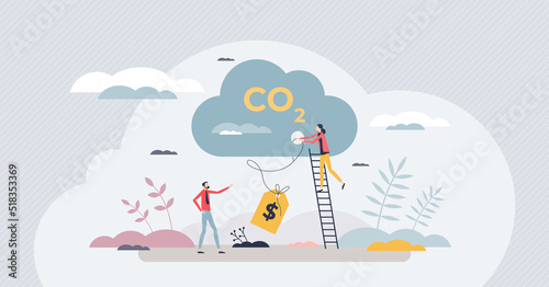 Carbon tax payment and cost for fossil CO2 emitting tiny person concept. Environmental protection with dioxide gas financial price fee vector illustration. Billing charge to reduce greenhouse gases.