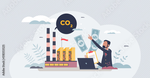 Carbon tax payment as factory CO2 gas emissions charge tiny person concept. Polluted air damage pricing for greenhouse gases emitting reduction vector illustration. Pay money for fossil fuel burning.