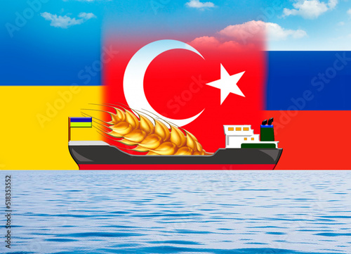 a barge carrying an ear of wheat. flags of turkey, russia and ukraine. Negotiations between countries for the export of Ukrainian grain are held in Istanbul. 3D photo