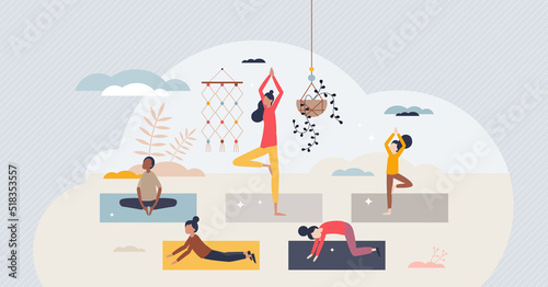 Diverse children meditating indoors with stretching tiny person concept. Teacher helps multiracial kids group to be active, healthy and happy with body yoga and fitness elements vector illustration.