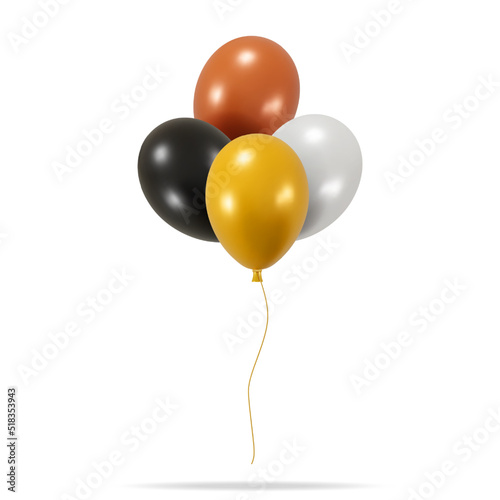 3D Bunch of Metallic Balloon Isolated on White Background. Render Realistic Helium Balloons in Bronze, Gold, Silver, Black and White. Template for Anniversary, Birthday Party. Vector Illustration