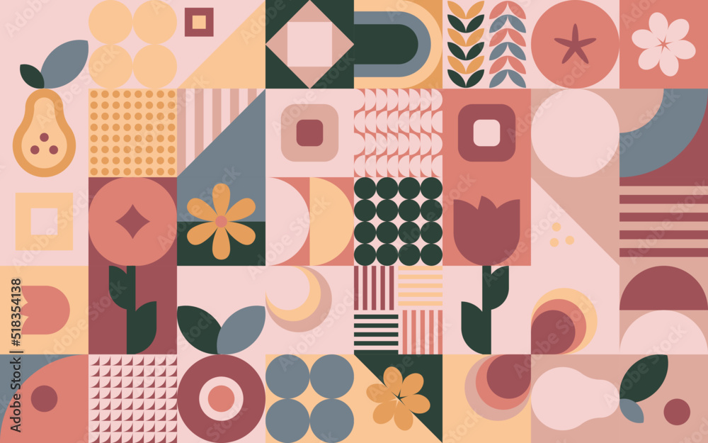 Geometryczna kompozycja - kolorowa jesienna mozaika z jabłkiem, gruszką i kwiatami. Powtarzający się wzór w stylu bauhaus do zastosowania jako tło do projektów. - obrazy, fototapety, plakaty 