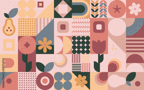 Geometryczna kompozycja - kolorowa jesienna mozaika z jabłkiem, gruszką i kwiatami. Powtarzający się wzór w stylu bauhaus do zastosowania jako tło do projektów.
