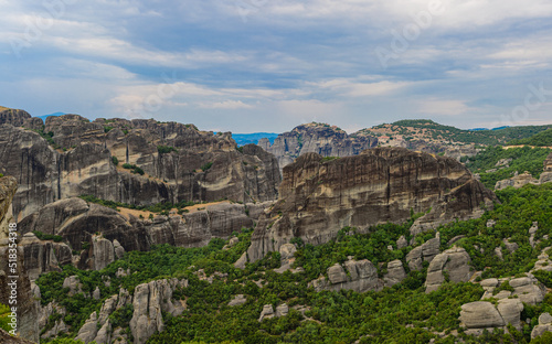 View of the Meteora rocky landscape in Greece.