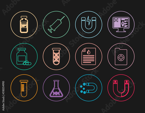 Set line Magnet  Clinical record  with lightning  DNA research  search  Medicine bottle and pills  Medical vial  ampoule  Clipboard blood test and Syringe icon. Vector