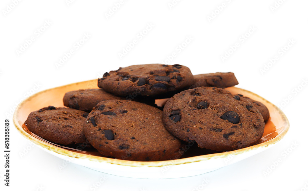 Cookies with chocolate chips on a white background. Shallow depth of field Cookies with chocolate chips on a white background. Shallow depth of field