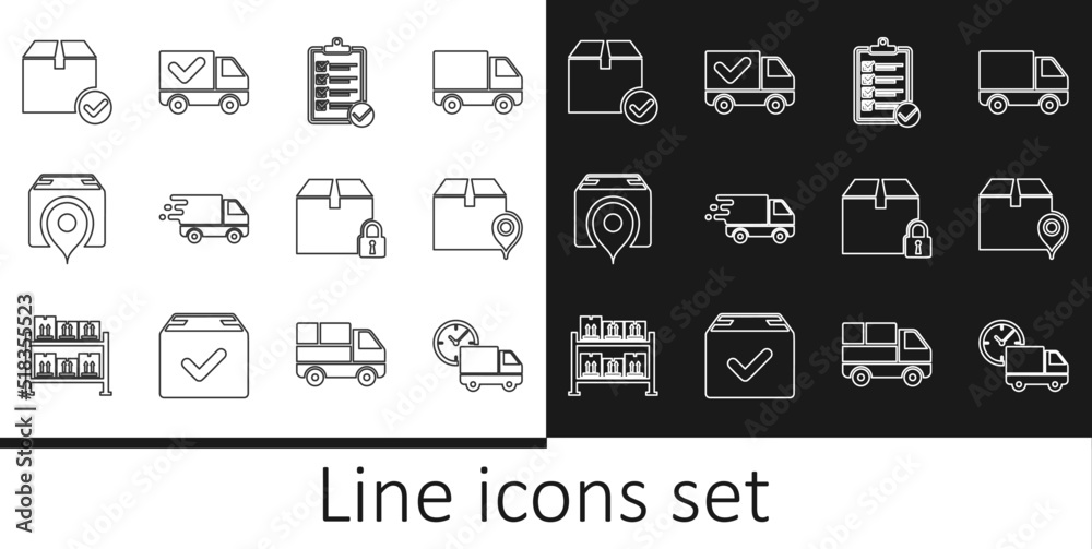 Set line Delivery truck and clock, Location with cardboard box, Verification of delivery list, in movement, Package check mark, Locked package and icon. Vector