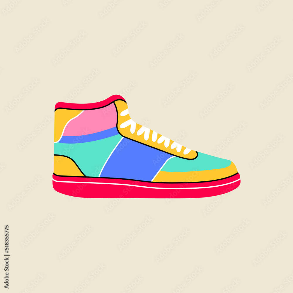 Classic nostalgic 80s 90s element in modern style flat, line art style.  Hand drawn vector retro illustration of sneaker, vintage shoe, footwear,  oldschool. Fashion patch, badge, emblem, logo vector de Stock