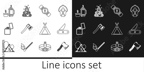 Set line Old wooden axe, Swiss army knife, Compass, Wooden, Lighter, Thermos container, Tourist tent and Campfire icon. Vector