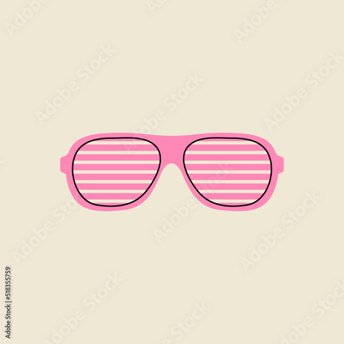 Classic 80s 90s elements in modern style flat, line style. Hand drawn vector illustration of retro or vintage pink striped sunglasses, summer accessory. Fashion patch, badge, emblem, logo