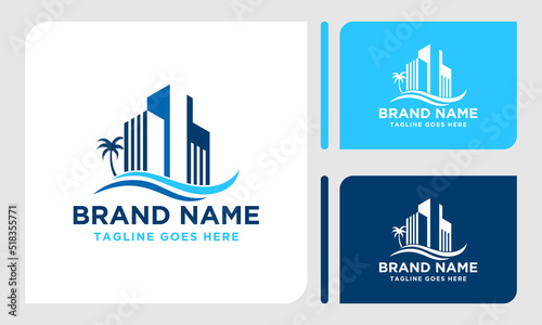 coastal house real estate vector logo template image. home apartment with palm tree