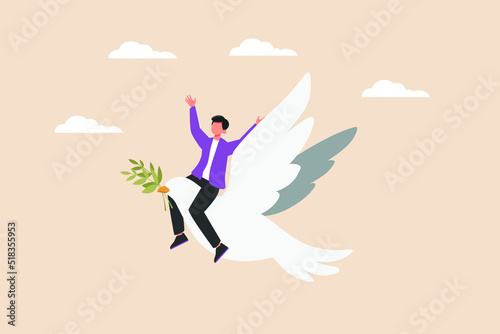 Happy young boy riding on white dove in International peace day. Peace day concept. Colored flat graphic vector illustration.