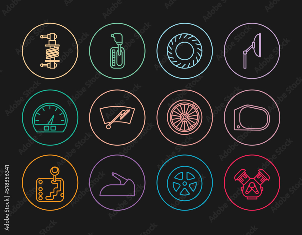 Set line Car engine, mirror, tire, Windscreen wiper, Speedometer, Shock absorber, wheel and Gear shifter icon. Vector Set line Car engine, mirror, tire, Windscreen wiper, Speedometer, Shock absorber, wheel and Gear shifter icon. Vector