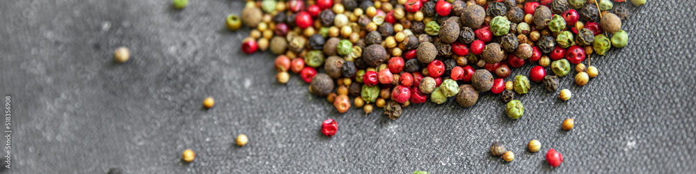 Obraz premium 5 spices peppercorn red, black, green and white pepper, coriander fresh healthy food snack on the table copy space food background 