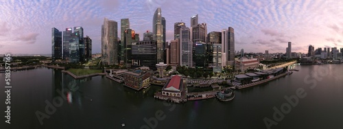 Marina Bay, Singapore: Aerial View of The Picturesque Marina Bay Sands Casino and Hotel, The Shoppes, Singapore Flyer and the Art Museum © Aerial Drone Master