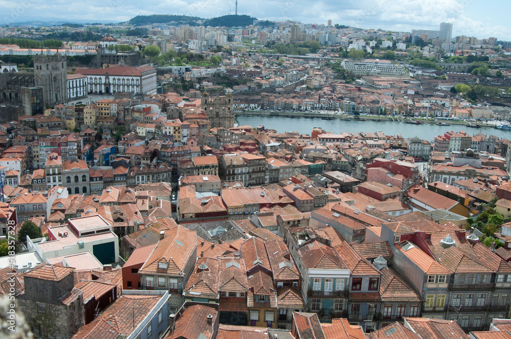 Aerial view of Porto. Colorful houses and river
