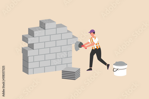 Construction worker laying bricks for construction. Engineers day concept. Flat vector illustration isolated. 