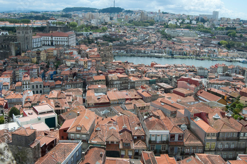 Aerial view of Porto. Colorful houses and river
