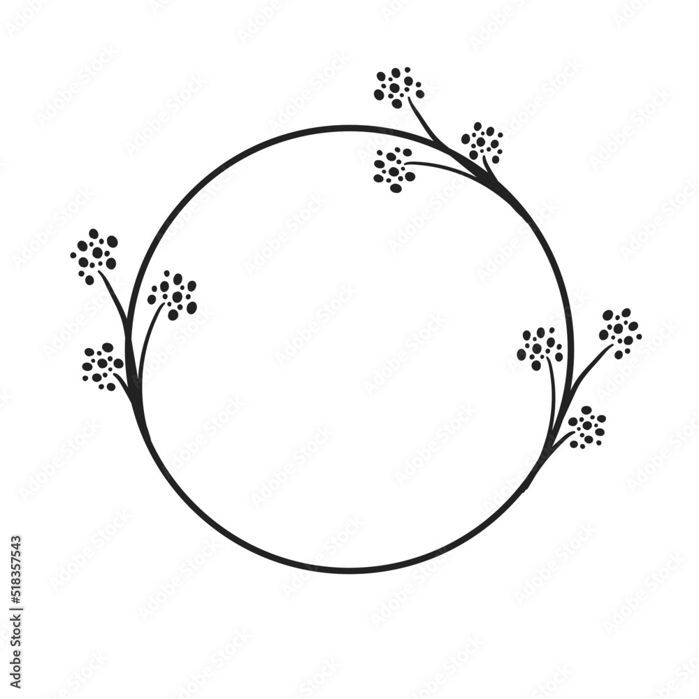 Circle frames with botanical decoration. Doodle Hand Drawn Decorative Outlined Wreaths with Branches, Herbs, Plants, Leaves and Flowers, Florals. Vector Illustrations.