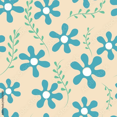 Cute seamless pattern of minimalist flowers, blue flowers and green foliage on a neutral background