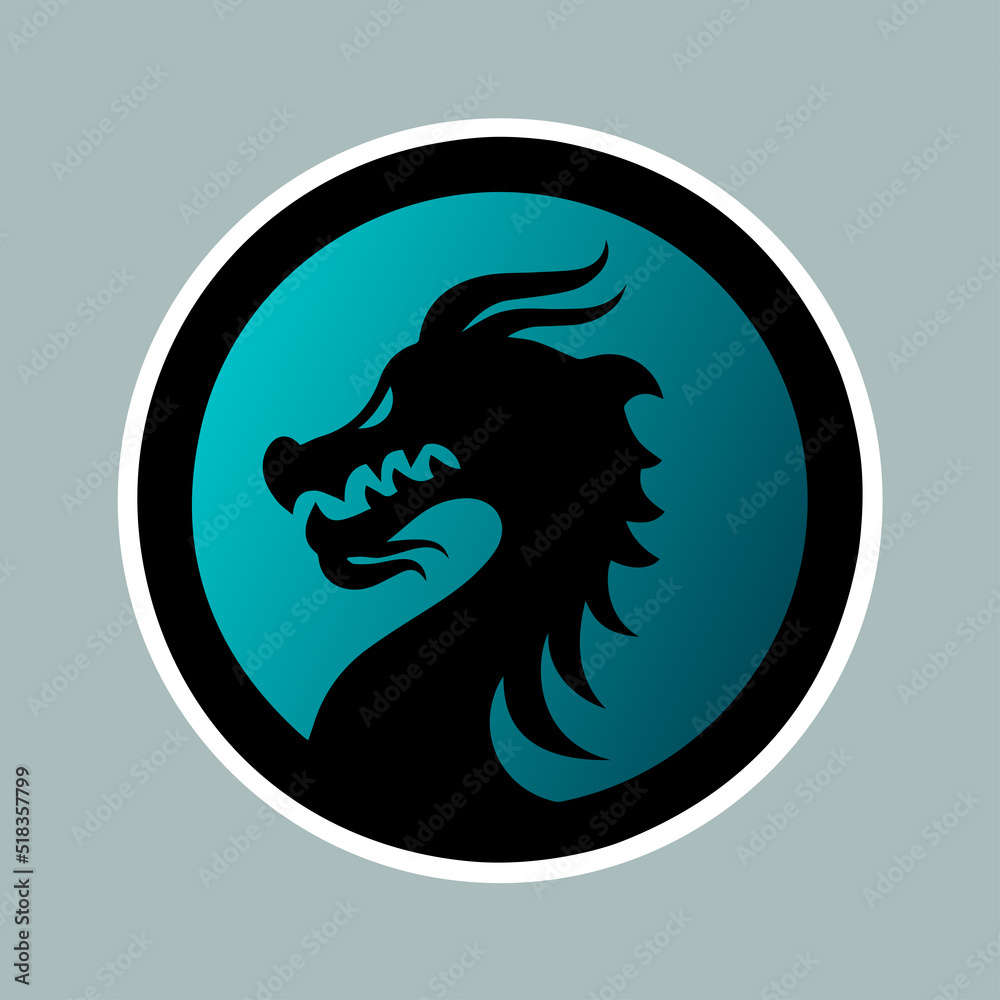 Black dragon on the blue background as sticker for design websites, applications, clothes or social network communication. Dark wyvern on the blue circle for design your logo, icon or sign.