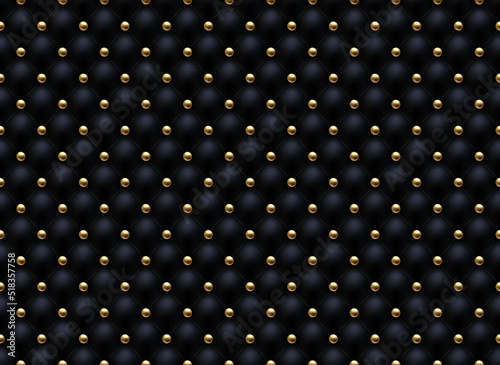 Black buttoned luxury leather pattern with golden bead diagonal sewing stitch. Vector seamless premium background diamond shape elements, gold pearl balls. Luxury pattern page fill, wrapping paper photo