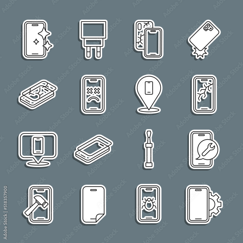 Set line Phone repair service, Mobile, with broken screen, Dead mobile, Glass protector and icon. Vector Set line Phone repair service, Mobile, with broken screen, Dead mobile, Glass protector and icon. Vector