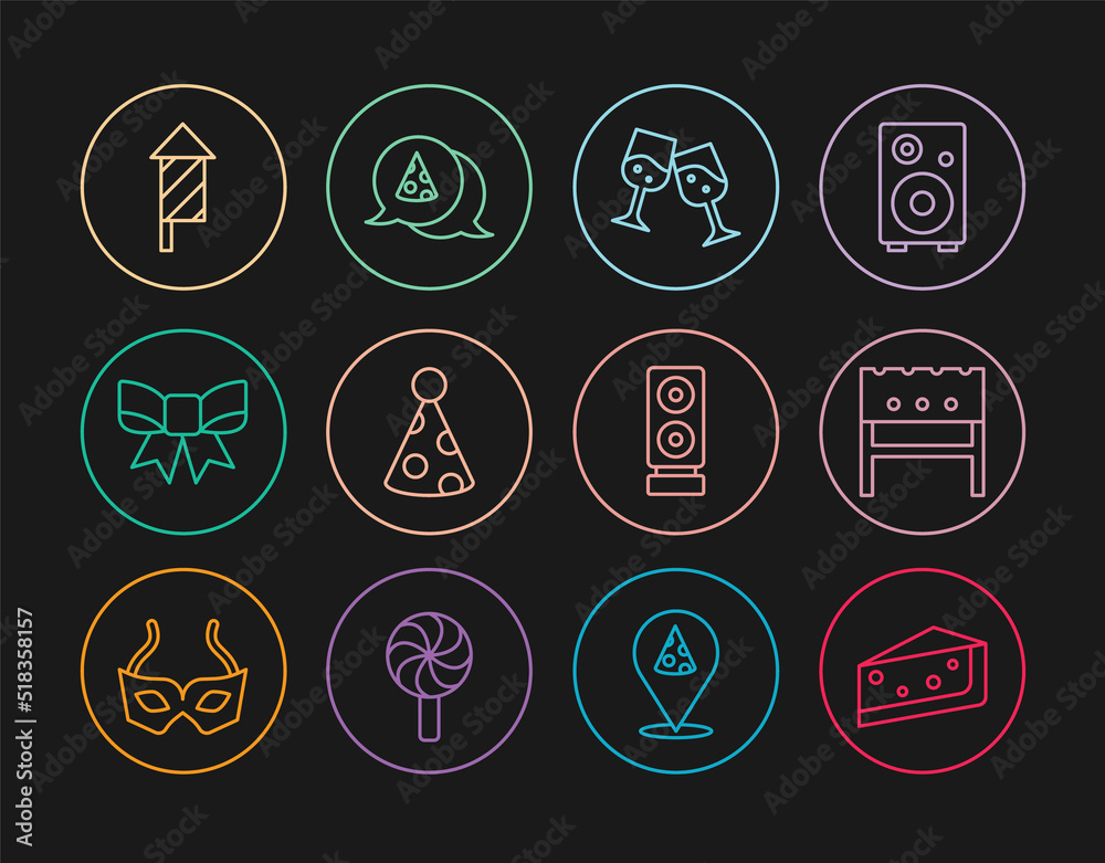 Set line Piece of cake, BBQ brazier, Glass champagne, Party hat, Gift bow, Firework rocket, Stereo speaker and Slice pizza icon. Vector
