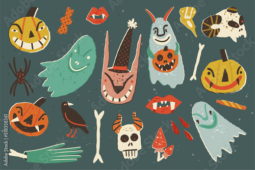 Retro Halloween clipart set. Spooky pumpkin characters, ghosts, scary undead creatures, evil spirits, alive skulls.