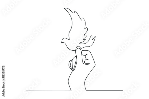 Continuous one line drawing dove in hand. Peace day concept. Single line draw design vector graphic illustration.