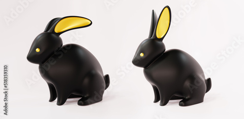 Two cute black ceramic bunny ornaments with golden ears. Animal characters. Realistic 3d illustration. Isolated on white background. Year of the rabbit according to the Chinese zodiac.