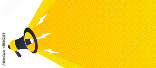 Banner with megaphone realistic style on half tone background. News, propaganda, media, attention, broadcast, announce, promotion, message. Vector illustration 10 eps