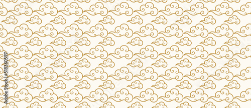 Seamless pattern of tibetan sky gold style. Oriental traditional ornament for holiday card, invitation, party poster, flyer, decor element. Clouds in the sky. Vector 10 eps