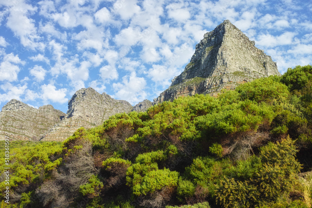 Below of mountains with bushes and a blue cloudy sky background. Cloudscape and nature landscape of mountain rock outcrops with wild green plants near tourism attraction, Twelve Apostles, Cape Town
