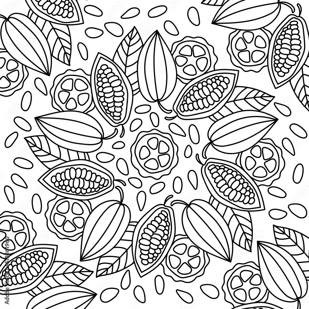 Cocoa beans Coloring book page for adult. Fruits, flowers of the ...