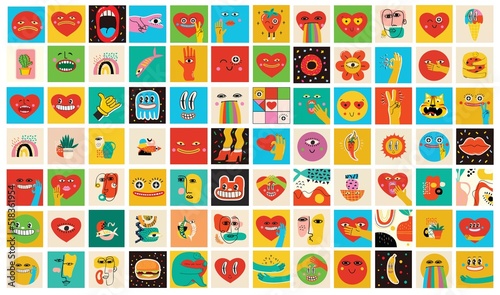 Big Set of Different colored Vector illustartions for posters in Cartoon Flat design. Hand drawn Abstract shapes, faces, different texture funny Comic characters.