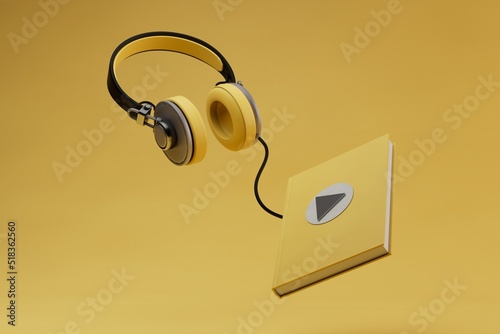 headphones and audio book in yellow on a yellow background. favorite books in good voice acting. 3d render. 3d illustration