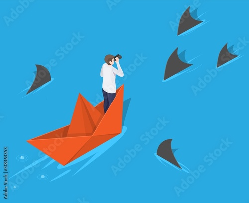 Businessman looking spyglass on paper boat vector