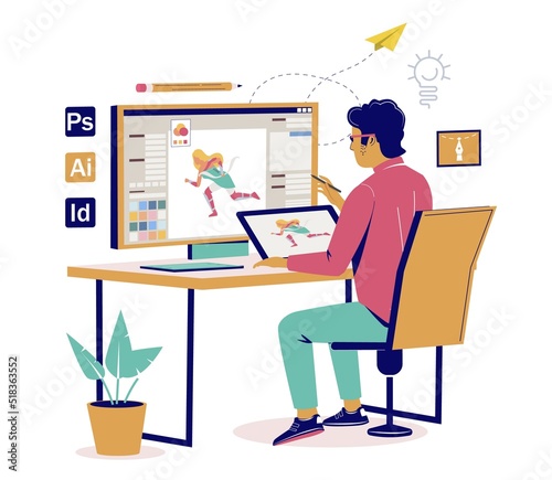 Man graphic illustrator working at computer vector