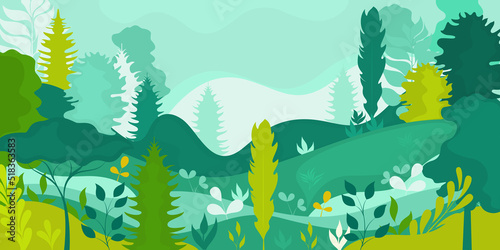 Vector poster with a view of a natural landscape with plants and trees. Spring forest. 