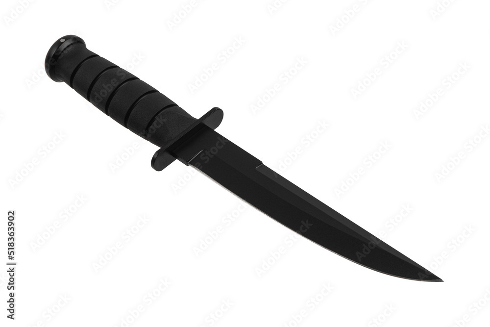 Modern hunting knife with black blade and rubber handle. Steel arms. Isolate on a white back. Modern hunting knife with black blade and rubber handle. Steel arms. Isolate on a white back.