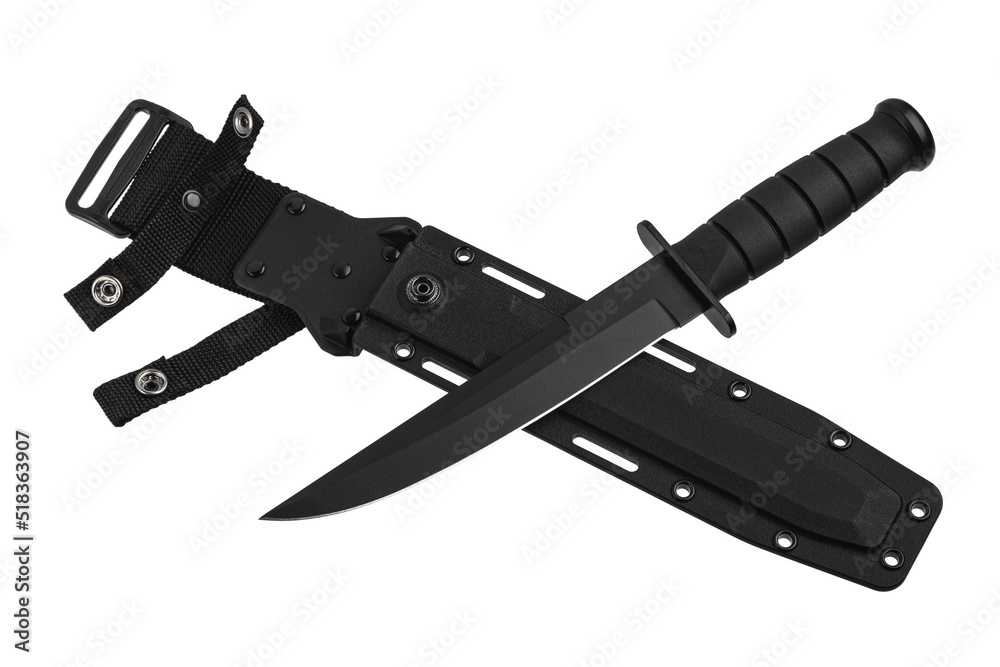 Modern hunting knife with black blade and rubber handle. Steel arms. Isolate on a white back. Modern hunting knife with black blade and rubber handle. Steel arms. Isolate on a white back.